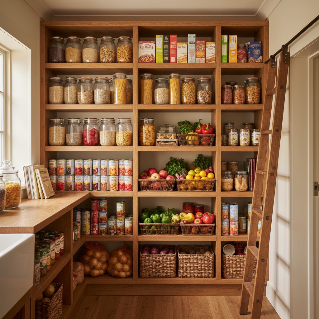 Well-stocked pantry with essential food items